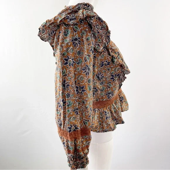 Veronica Beard Long Sleeve Floral WESLAYAN Ruffle Blouse in Cinnamon Brown Sz 2 - Picture 9 of 13